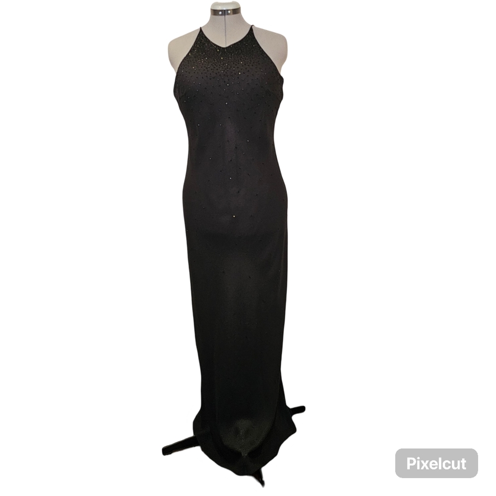 Fairweather black beaded chiffon halter neck sleeveless maxi gown dress 10 US